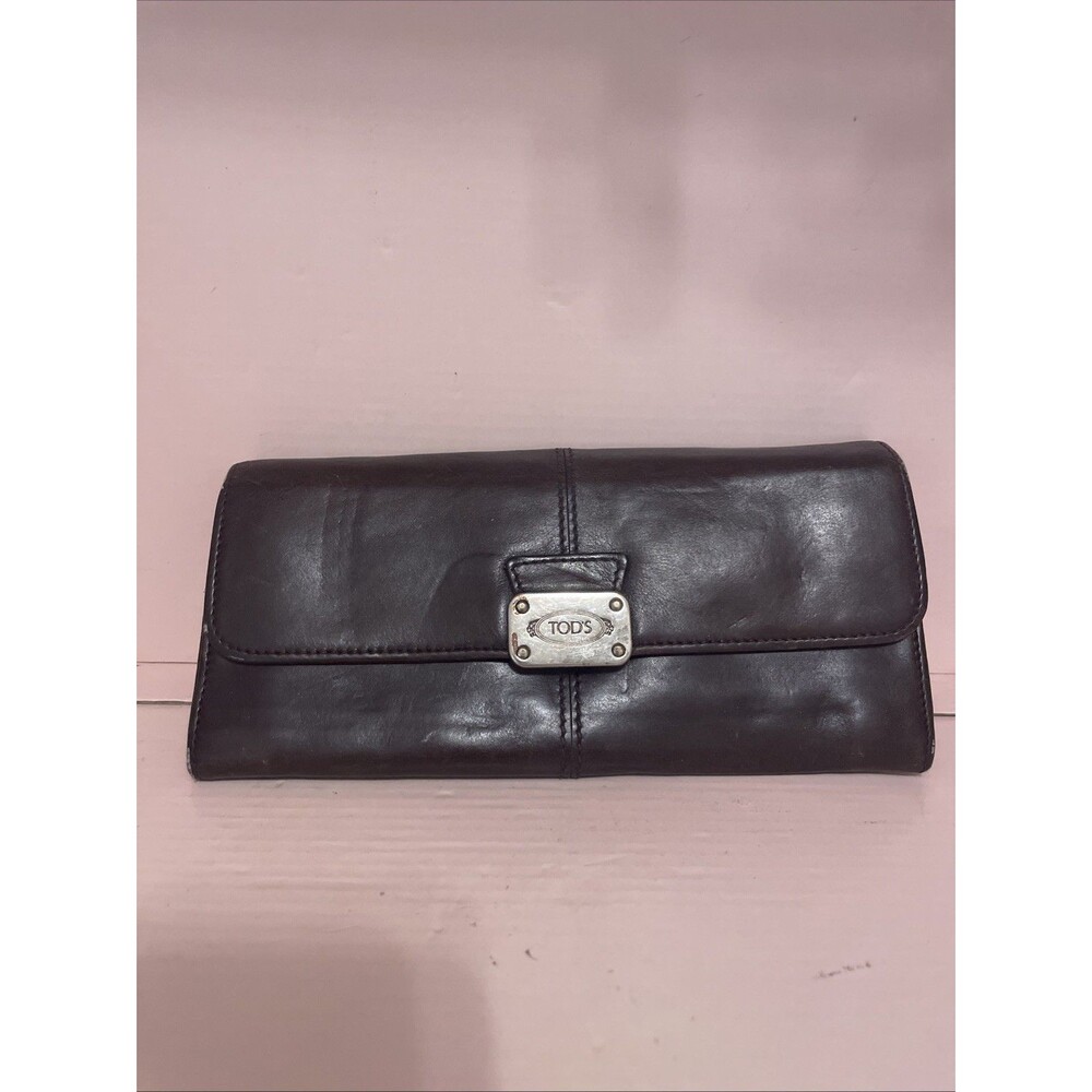 Tod’s Genuine Leather Wallet Continental Brown Envelope Clutch Card Bill Italian